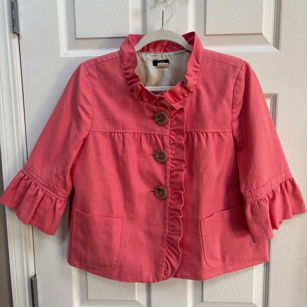 J.Crew Y2K Womens Coquette Coral Pink Ruffle Trim Cropped Blazer Jacket Size 8